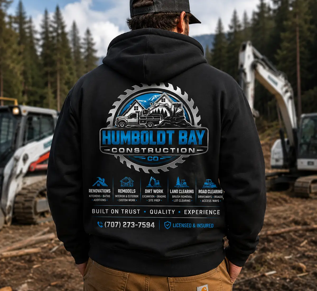 A man seen from behind in a black Humboldt Bay Construction Co. hoodie, beside a skid steer and an excavator on cleared ground